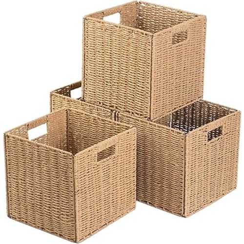 Paper Woven Storage Baskets Set of 4 Foldable Storage Cube Bins with Handles Storage Cube Baskets for Shelves Cubby Woven Baskets for Organizing (Natural, 11'' x 11'' x 11'')
