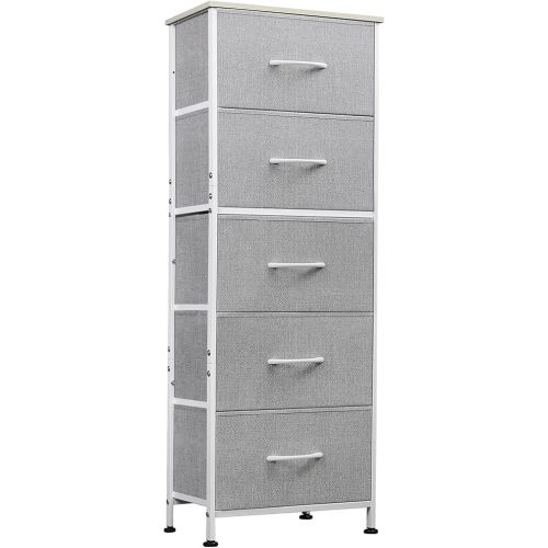WLIVE Fabric Dresser, 5-Drawer Tall Dressers for Bedroom, Storage Dresser Organizer with Fabric Bins, Wood Top, Sturdy Steel Frame, Chest of Drawers for Closet, Hallway, Light Grey