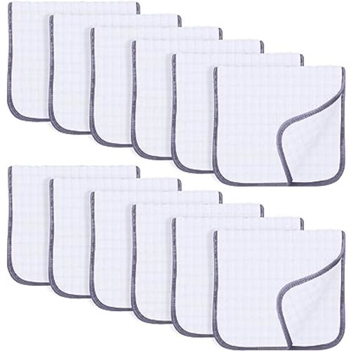 SWEET DOLPHIN 12 Pack Muslin Burp Cloths Large 100% Cotton Hand Washcloths for Baby - Baby Essentials Extra Absorbent and Soft Boys & Girls Milk Spit Up Rags for Newborn Registry - Grey Trim, 20" X10" | Baby Essentials, Extra Absorbent, Soft, Large, for B