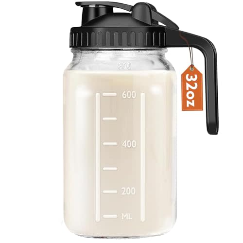 Mihlapi 32 oz Breast Milk Pitcher, 1 Quart Glass Mason Jar with Lid | BPA-Free,Double Leak-Proof Lid,Wide Mouth,Thick Glass,Sturdy Handle ,Measurement Marks,Flip Cap ,Smooth Spout