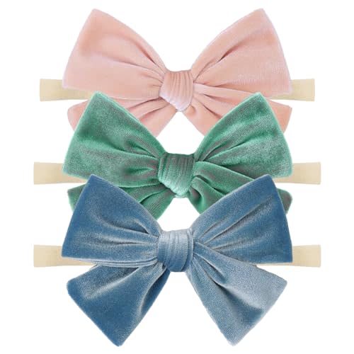 4'' Baby Velvet Gloss Bows Handmade Headbands Tied Bow Elastic Nylon Hair Accessories for Baby Girls Newborn Infant 3 Pcs Light Blue Aqua Pink
