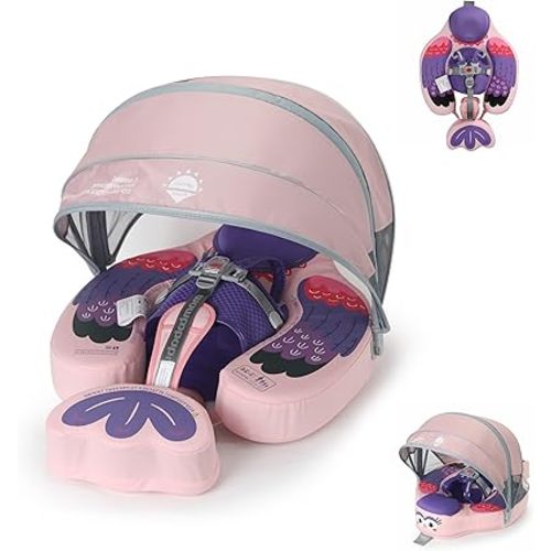 Upgraded Baby Pool Float Mambobaby Float with Canopy, Non-Inflatable Baby Floats for 3-24 Months, No Flip Over Swim Trainer for Infants (Bird-Purple)