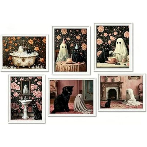 DULASI Set of 6 Cute Ghost Black Cat Wall Art, Vintage Spooky Halloween Prints, Pink Floral Dark Academia Decor, Funny Ghost & Black Cat Bathroom Bedroom Paintings, 8x10in, Unframed