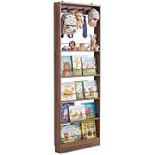 Behind The Door Bookshelf Kids Wooden Behind Door Bookcase 5-Tier Walnut | FerniTry Behind Door Book Shelf Space-Saving Storage Organizer for Toys & Story Books Wall Mount Shelves with Hooks Farmhouse