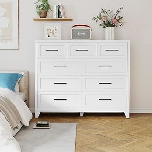White Dresser for Bedroom, Dressers & Chests of Drawers, Metal Dressers, TV Stands with 9 Drawers, Storage Cabinet for Closet, Farmhouse, Hallway, Entryway