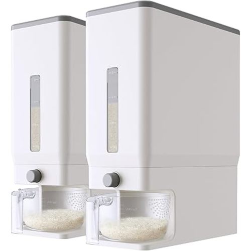 Lifewit 2 Pack Rice Dispenser 25 Lbs(11.3kg), Rice Storage Container Sealed Moisture Proof with Measuring Cup for Kitchen Pantry Household, BPA-Free, Whit