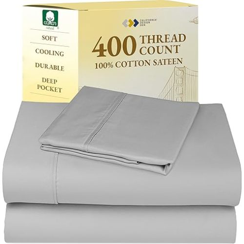 California Design Den Natural 100% Cotton Sheets, Twin XL Sheets Set, 400 Thread Count Sateen Bedding for Dorm Rooms & Adults, Deep Pockets, Cool & Durable - Light Grey