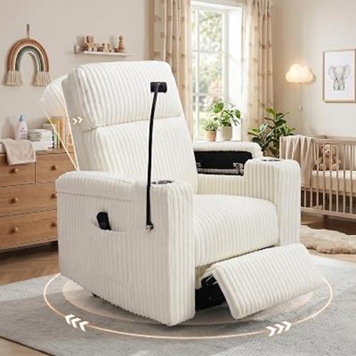 Power Nursery Rocking Chair, Corduroy Swivel Rocker Recliner, White