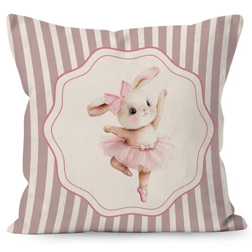 Pink Easter Ballet Bunny Decorative Throw Pillow Cover, Bunny Nursery Decor, Preppy Striped Easter Ballerina Rabbit Pillow Covers for Girls Room Bedroom Home Bed Sofa Decor, 18x18 Inch