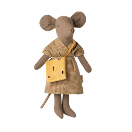 Maileg Mom Mouse In Checkered Dress - Light Brown