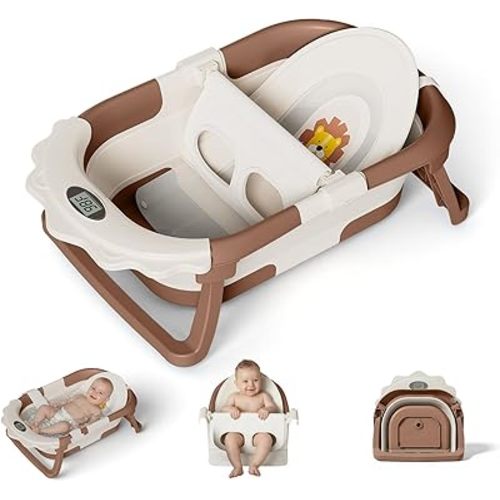 MoreFeel Foldable Baby Bathtub with Thermometer - 4-in-1 Grow-with-Me Collapsible Infant Tub (Newborn to Toddler) with Adjustable Mesh Sling - Space Saving Design