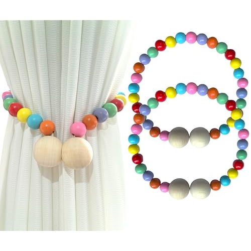 2 Pack Wood Bead Curtain Tiebacks, Colorful Boho Decorative Magnetic Curtain Holdbacks with Strong Nickel Plated Magnets, No Drill Window Treatment Ties for Nursery, Kids Room, Farmhouse Decor
