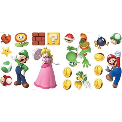 RoomMates Super Mario Brothers Peel and Stick Wall Decals, 20 Decal Set, Vinyl, Red, Blue, Pink, Removable Repositionable, No Sticky Residue, For Renters and Homeowners