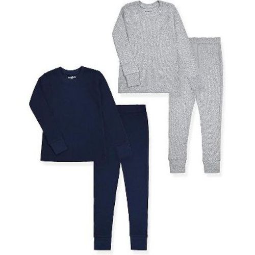 Studio 3 Boys' 4-Piece Thermal Long John Set, Cold Weather Base Layer Underwear with Long-Sleeve Shirt & Bottom, Navy/Heather Gray, 4T