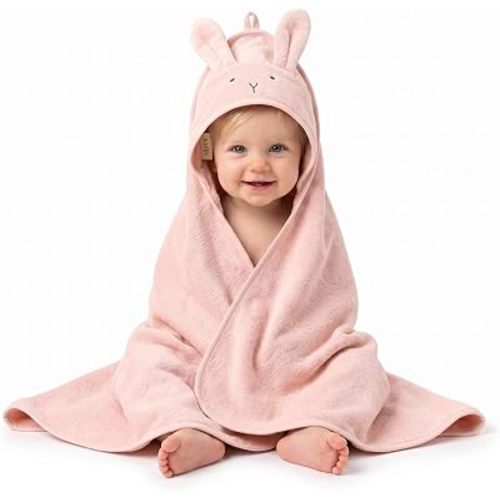 Hooded Baby Towel – 100% Organic Cotton Baby Bath Towels – Baby Girl Newborn Essentials - Super-Soft and Absorbent. (Rabbit - Blush)