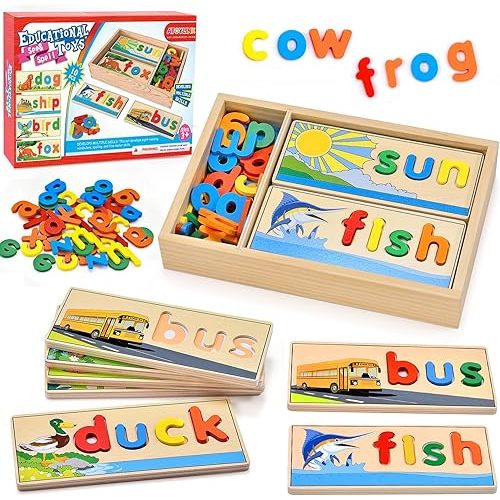 Atoylink Wooden Spell Learning Toys for 2 3 4 5 Year Old Kids Match Letter Spelling Game Board & Letters & Box, CVC Word Builder Toddler Educational Toy Kindergarten Preschool Learning Activities