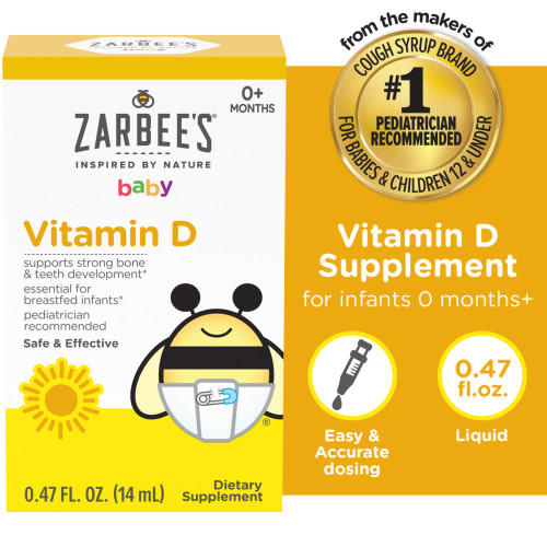 Zarbee's Vitamin D Drops for Infants, 400IU (10mcg) Baby & Toddler Liquid Supplement, Newborn & Up,
Dropper Syringe Included, 0.47 Fl oz