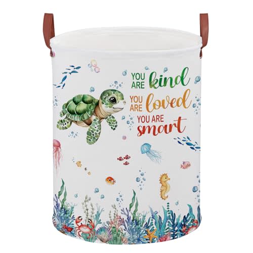 Turtle Kid Laundry Basket 45L,Ocean Themed Bedroom Decor Baby Clothes Hamper,Fish Under The Sea Nursery Decor Beach Pool Towel Storage Bin Pool Toy Box (Blue)