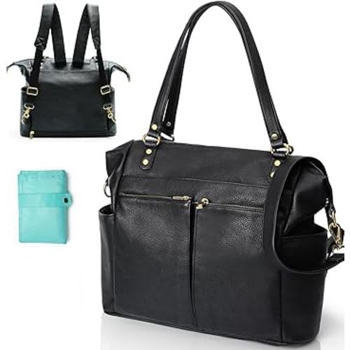 MOMINSIDE Diaper Bag Tote, Leather Diaper Bag Backpack with 14 Pockets, Convertible Baby Bag for Boys Girls, Baby Registry, Changing Pad, Large 4 Insulated Pockets(Black)