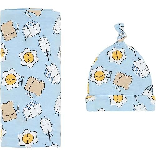 Little Sleepies Newborn Swaddle + Hat Set, Viscose Derived from Bamboo Baby Wrap, Blue Breakfast Buddies