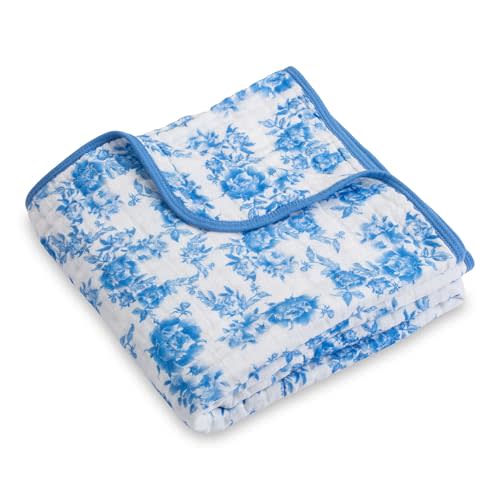 LollyBanks Muslin Baby Blanket, 100% Organic Cotton, Soft Baby Girl Blanket | 47 x 47 in, Breathable 6-Layer Muslin Baby Quilt for Crib, Stroller, Nursery, Travel & Everyday Use (Blue Peony)