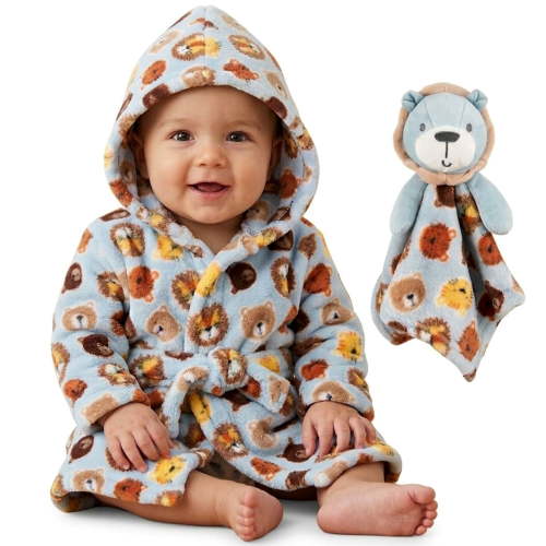 Baby Essentials Hooded Bathrobe with Tie Closure & Matching Minky Blanket Doll for Newborns, Infants and Toddlers 0 – 9 Months for Bath and Lounge in Lovely Lions with Lion