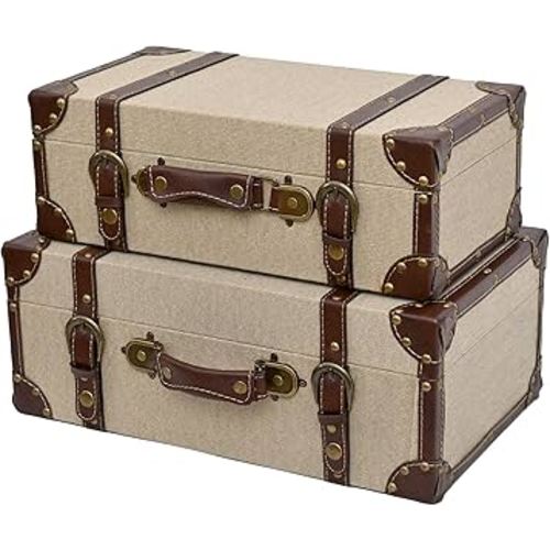 DDECOR4SEASON Set of 2 Decorative Vintage Storage Trunks, Natural Canvas Wrapped Wood Keepsake Boxes with Faux Leather Trim and Antique Accents, Stackable Nesting Chests for Home Décor