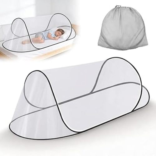 Pop up Mosquito Tent for Single Bed, Portable Travel Net with High-Density Mesh, Foldable Outdoor Screen Tent with Fiberglass Frame & Carrying Bag for Camping, Dorm & Patio, 79x31x22