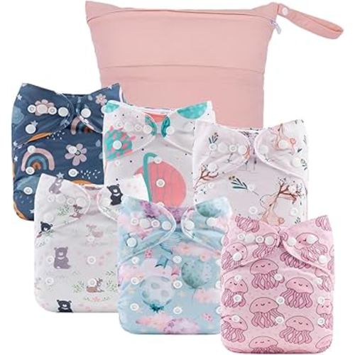 babygoal Cloth Diaper Covers 6 Pack with Wet Bag for Fitted Diapers and Prefolds with Double Gussets, Adjustable and Reusable for Baby Girls 6DCF16-B
