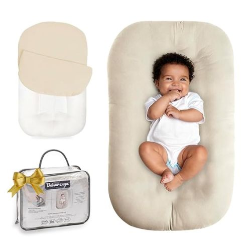 Beisurznga Baby Lounger for Newborn - Snuggle Cozy Me Lounger | Breathable Soft Cotton, 0-24 Months Portable Playtime Baby Nest, Newborn Baby Essentials Gifts- Coffee (1 Lounger + 1 Cover)