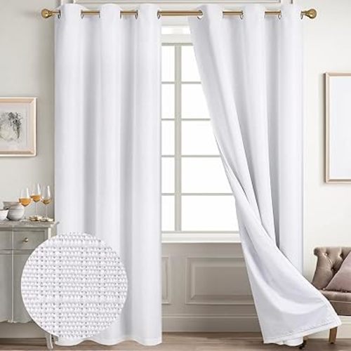 Diraysid 100% Blackout Curtains White Linen Curtains for Bedroom Grommet Thermal Insulated Room Darkening Drapes (2 Panels, W38 x L84 Inch)