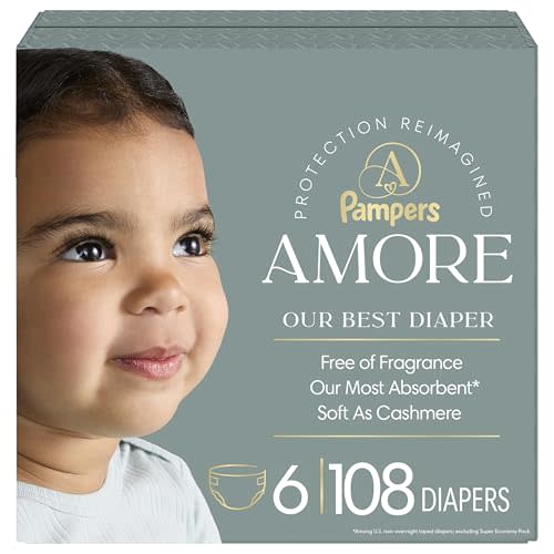 Pampers Amore, Size 6 (23-44 lbs), 108 Count, Our Best Diaper – Hypoallergenic & Fragrance Free, Up to 100% Leakproof, Soft as Cashmere
