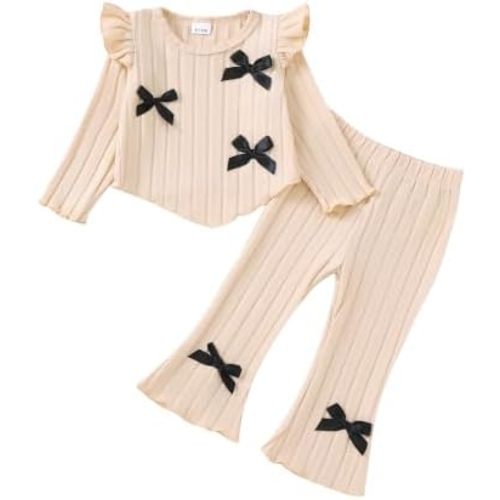 Mikrdoo Baby Girl Clothes Fall Winter Outfits Ruffle Ribbed Long Sleeve Top Flare Pants Clothing Set for Toddler Girl 6M-3T