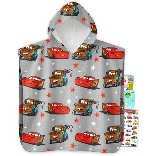 Disney Cars Hooded Towel Set for Kids, Girls, Boys - Lightning McQueen Bath Towel Poncho Bundle with Stickers, More | Disney Cars Bathroom Set