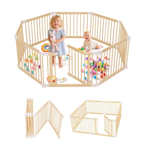 CONKKA Foldable Wooden Baby Playpen Large Play Yard for Babies and Toddlers, 2 in 1 Portable Fence Custom 25″ Tall Wood Gate with Adjustable Size & Shape for Infants 3-12 Months -63x63x25 inch - CONKKA