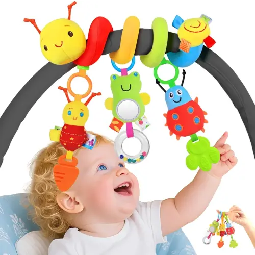 Car Seat Toys for Babies 0-6 Months, Upgraded Spiral Hanging Crib Stroller Activity Toys with Detachable Rattles, Baby Car Seat Accessories Toy for Developing Sensory Skills, Gift for Newborn Infant