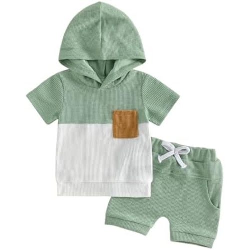 Toddler Baby Boy Hooded Summer Outfit Contrast T Shirt Shorts Set Infant boy Waffle Clothes 6 12 18 Months 2T 3T