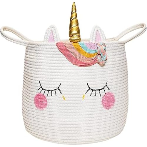 Large Unicorn Woven Basket with Handles - Toy Storage Bin, Baby Gift & Animal Nursery & Cute Laundry Basket, for Clothes, Towels, Toys (Unicorn)