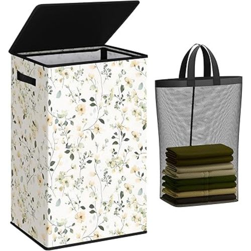 SOLEDI Laundry Hamper with Lid, 90L Tall & Large Floral Laundry Basket, Collapsible Clothes Hamper with Removable Bag, Dirty Hampers for Bedroom, Bathroom, Laundry Room
