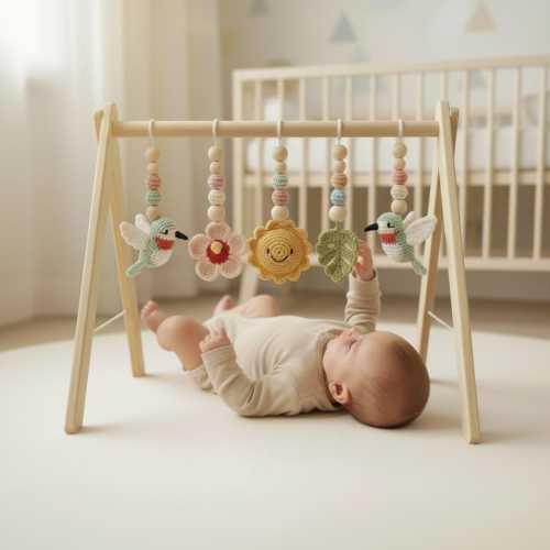Hummingbird Baby Gym Wooden Play Gym with Crochet Birds Sun Flower Leaf | Montessori Baby Activity Gym | Nature Nursery Decor | Baby Gift