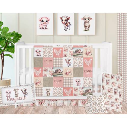 Farm Animal Nursery Crib Bedding: Pink Tan Baby Girl Decor