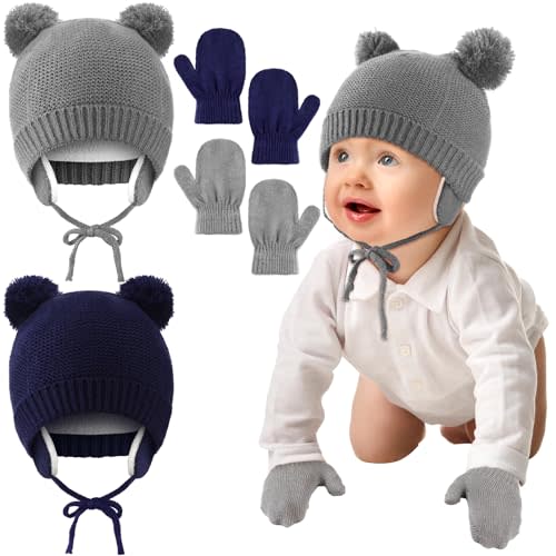 Suhine Unisex Winter Baby Toddler Hat Glove Set Warm Fleece Knitted Beanie Cap Newborn Beanie Mitten, 1-4 Years