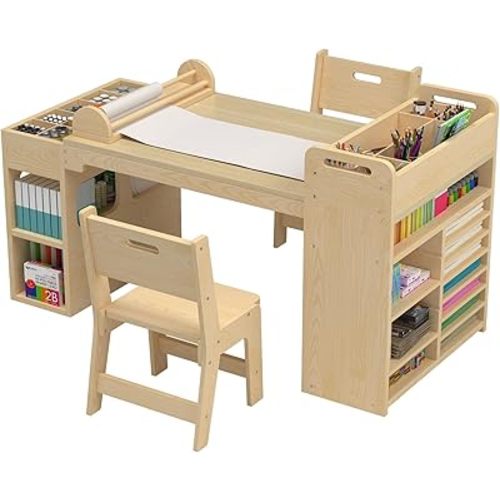 Oak Surface 51" L x 24" W Kids Art Table and 2 Chairs Set, Kids Craft Table with Portable Craft Organizer, Coloring Tables for Kid with Paper Roll Rack, Toddler Arts Activity Center and Station