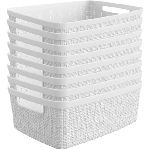 Curver Set of 8 Jute Small Decorative Plastic Organization and Storage Baskets, Perfect Bins for Home Office, Closet Shelves, Kitchen Pantry and All Bedroom Essentials