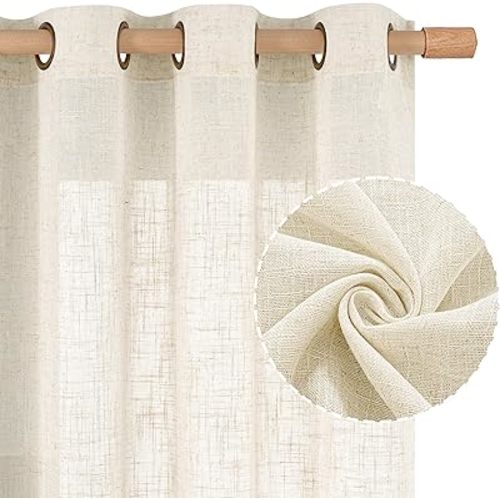 LAMIT Natural Ivory Linen Semi Sheer Curtains 84 inch Length, Cream Light Filtering Soft Thick Neutral Living Room Drapes with Bronze Grommet for Bedroom/Farmhouse, 2 Panels, 52 x 84 Inch