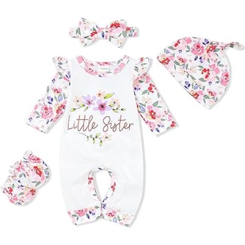 RCPATERN born Baby Girl Clothes Letter Print Romper Jumpsuits 4Pcs Clothing Set Cute Infant Outfit 3-6M Infant Girls White