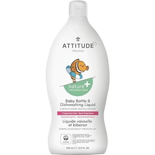 ATTITUDE Baby Bottle and Dishwashing Liquid, EWG Verified, No Added Dyes or Fragrances, Tough on Milk Residue and Grease, Vegan and Cruelty-free, Unscented, 23.7 Fl Oz (Packaging May Vary)