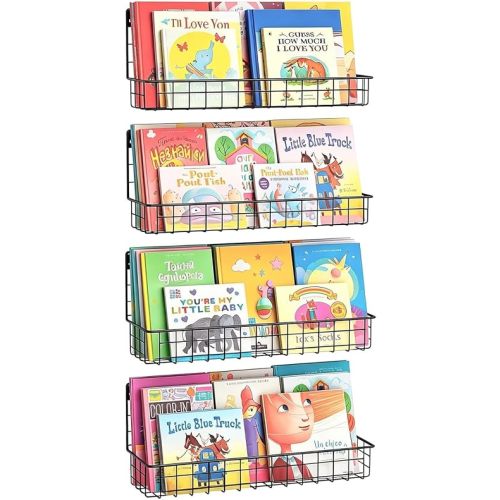 X-cosrack 4-Pack Wall Mounted Metal Kids Bookshelf, Floating Book Shelves for Kids Nursery Toddler Classroom, Hanging Book Shelf Organizer for Room Decor, Black