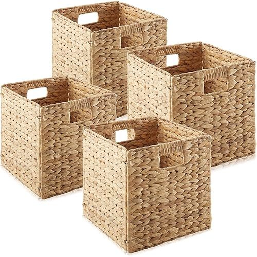 Casafield 13" x 13" Water Hyacinth Storage Baskets, Natural - Set of 4 Collapsible Cube Organizers, Woven Bins for Bathroom, Bedroom, Laundry, Pantry, Shelves