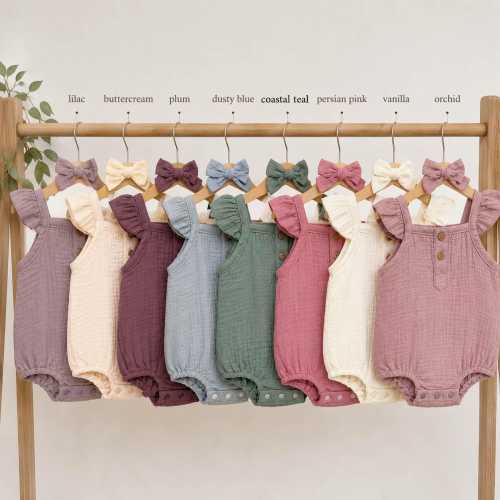 Baby Girl Muslin Cotton Romper: Ruffle Sleeve Romper + Bow | ISLA